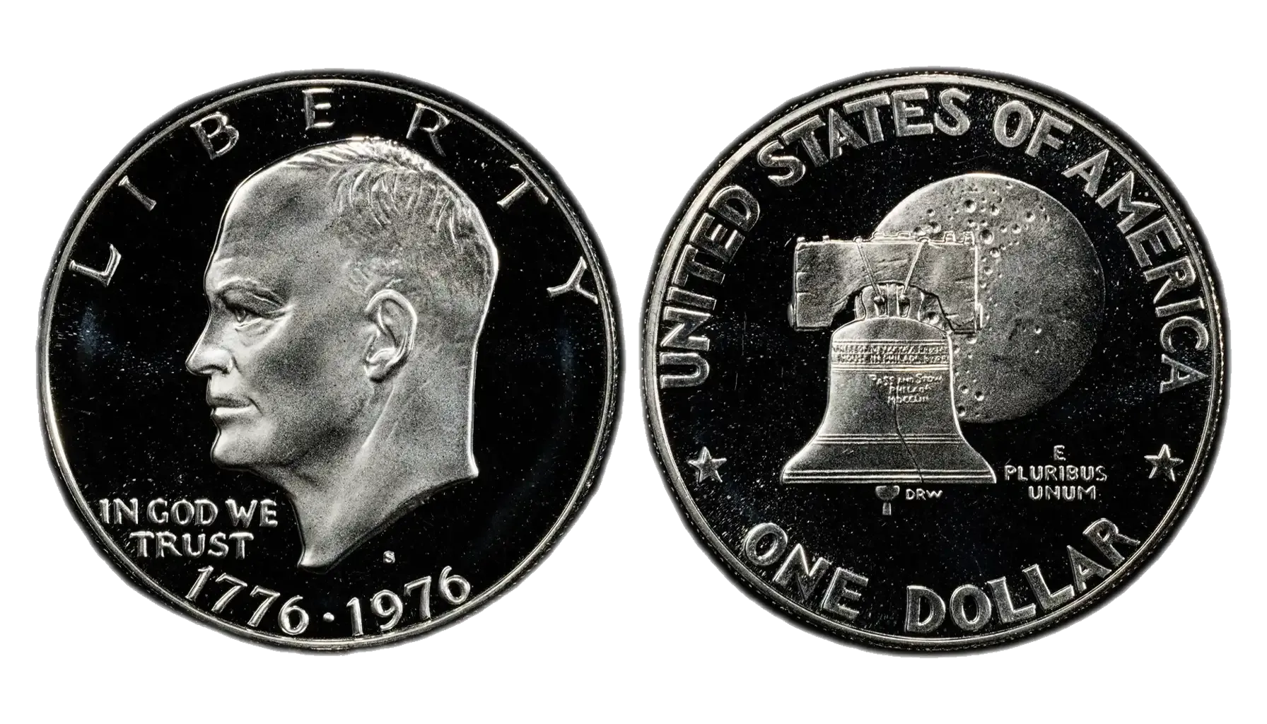 Edge comparison of 1976-S silver dollar (solid silver edge) vs clad Eisenhower dollar (copper stripe visible)