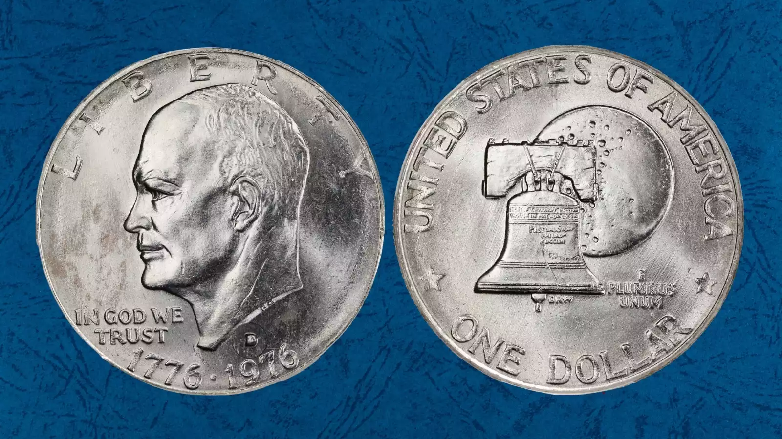 Edge of 1976-D Eisenhower dollar struck on silver planchet showing solid silver edge versus normal clad copper stripe