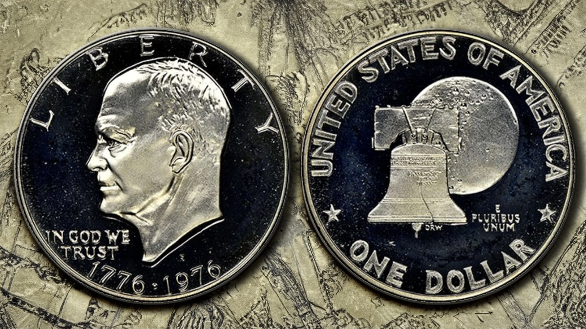 Grading strip of four 1976 Eisenhower Bicentennial dollars showing all condition tiers from worn to gem uncirculated